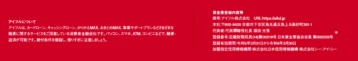 アイフルHP最下部に貸金業登録内容等がまとめられているのを示す画像