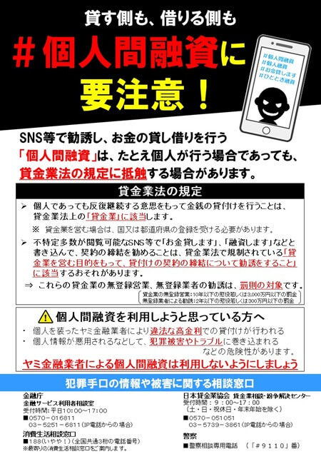 金融庁が出している個人間融資の注意喚起を行う画像